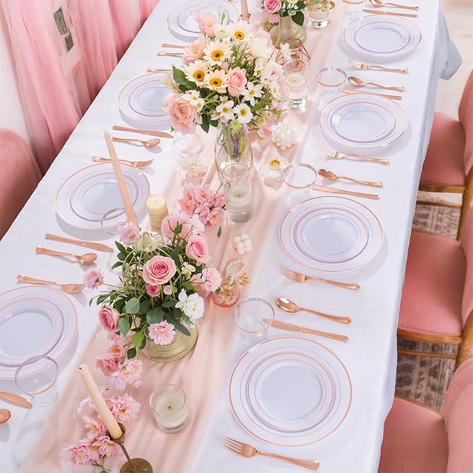 WELLIFE 450 PCS Rose Gold Disposable Dinnerware Set for 75 Guests, Mothers Day Plates, 75 Dinner & Salad Plate, Cups, Forks Knives Spoons for Wedding Reception and Valentine's Day