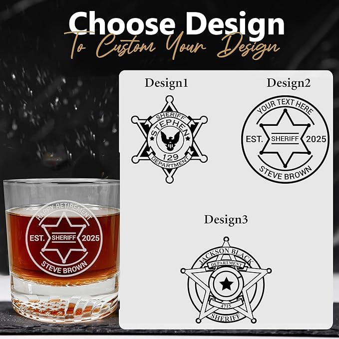 Personalized Whiskey Glass with Sheriff Badge for Law Enforcement, Custom Name and Number, 12oz Engraved American Flag Glassware, Custom Sheriff Gift For Men Dad Father's Day PD Police Officer