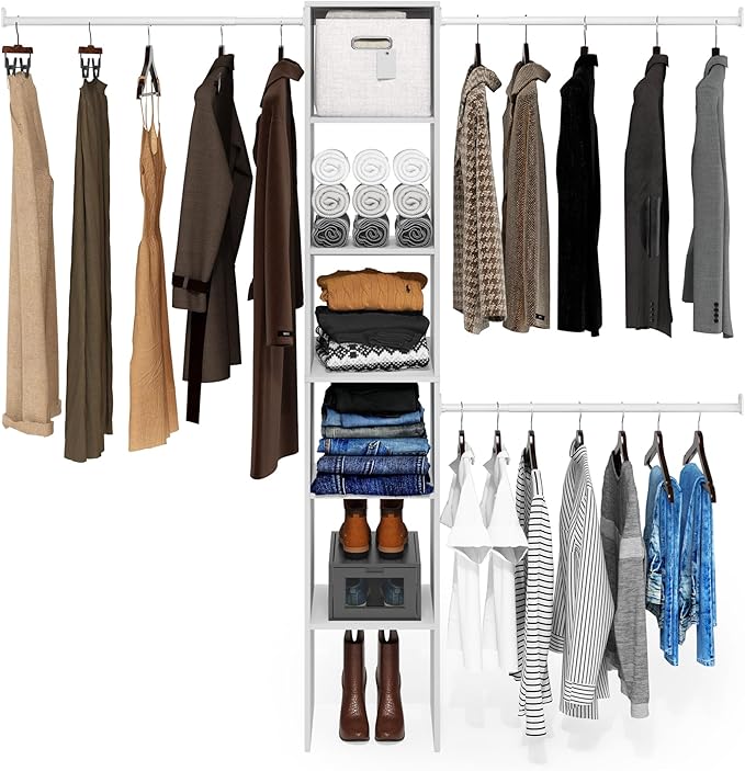 Furinno FANO Closet Organizers and Storage, Closet Storage Organizer with 3 Hanging Bars, Wardrobe Closet Shelf Towers, for Wardrobe, Bedroom, Living Room, White