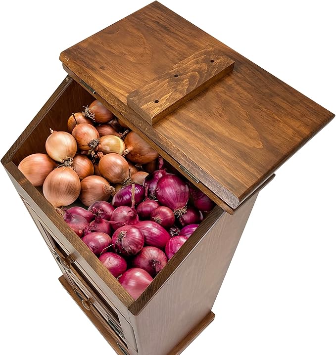 Peaceful Classics Potato Storage Wood Box, Wooden Bread Storage Bins, Decorative Potato Onion Storage Bin, Potato Bin w/Grocery Section, Wooden Vegetable Storage w/Lid Kitchen Pantry, Cherry KS302C