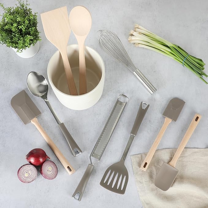 Martha Stewart 10 Piece Tools and Gadget Set W/Ceramic Crock - Linen White w/Grey Tools