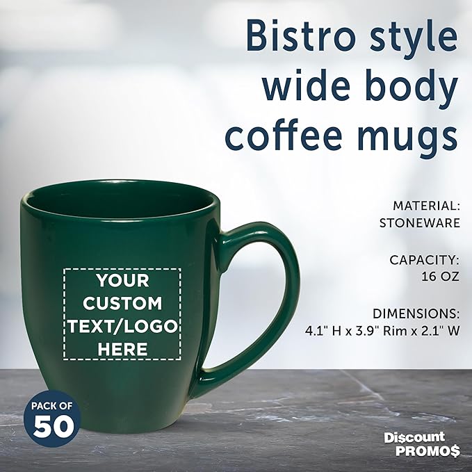 Custom Large Coffee Cups 16 oz. Set of 50, Personalized Bulk Pack - Perfect for Tea, Espresso, Cappuccino, Hot Cocoa - Green