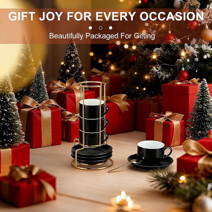 3 Ounce Espresso Cups Set of 4, Stackable Demitasse Mugs, Includes Display Stand, Cups Saucers, and Spoons, for Machines & Home Use, Black, Gold Tone
