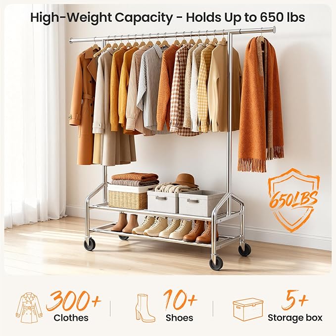 Heavy Duty Clothes Rack, Rolling Clothing Rack for Hanging Clothes with 2 Sturdy Shelves Load 650 LBS, Metal Garment Rack with Wheels for Bedroom, Laundry Room, Retail Store, Silver