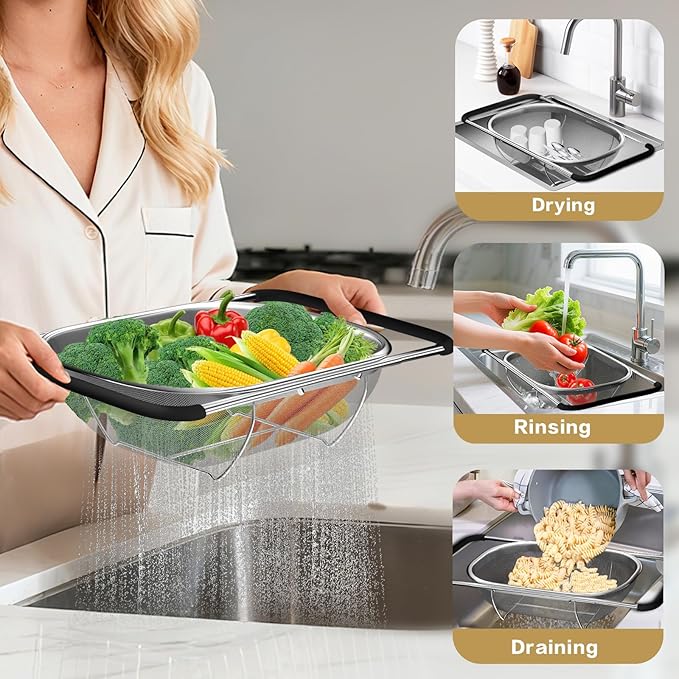 Over the Sink Colander - Strainers and Colanders - Stainless Steel Strainer - Expandable Sink Colander with Rubber Grip for Strain, Drain, Rinse Fruits, Vegetables, Home Kitchen Essentials