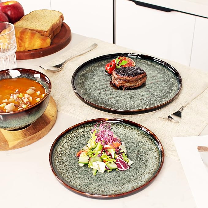 Dinner Set 12 Pieces - Round Reactive Glaze Tableware - Kitchen Dinnerware Porcelain Crockery with Dinner Plate, Bowl and Soup Plate Service for 4, Microwave Dishwasher Safe, Set (No.3)