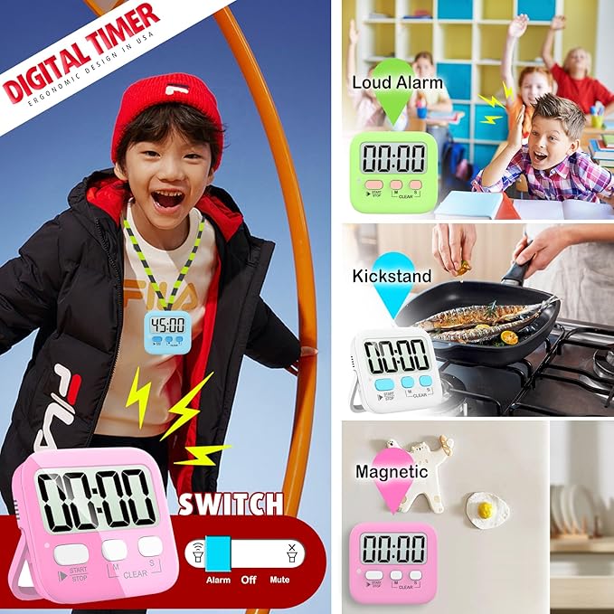 Antonki 2 Pack Digital Timer for Kids, Magnetic Countdown Kitchen Timers for Cooking, Egg, Classroom, Teacher, Exercise, Study, Oven - Battery Included