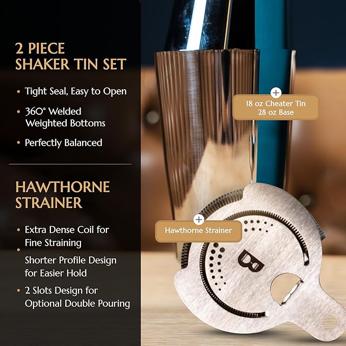 5 Piece Cocktail Kit by Bull In China - Premium Bartender Gift Set Includes Weighted 2 Piece Boston Shaker, Hammered Bell Jigger, Hawthorne Strainer & Fine Mesh Strainer (Matte Black)