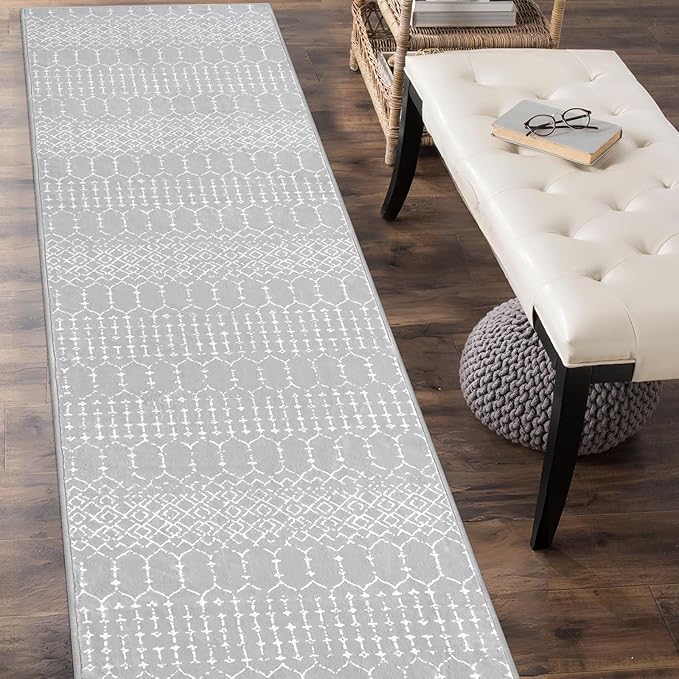 Lahome Moroccan Washable Rug Runner - 2x10 Non-Slip Runner Rug for Kitchen Stain Resistant Grey Carpet Runners for Hallway 10 Ft, Modern Geometric Print Soft Floor Carpet for Bathroom Entryway Foyer