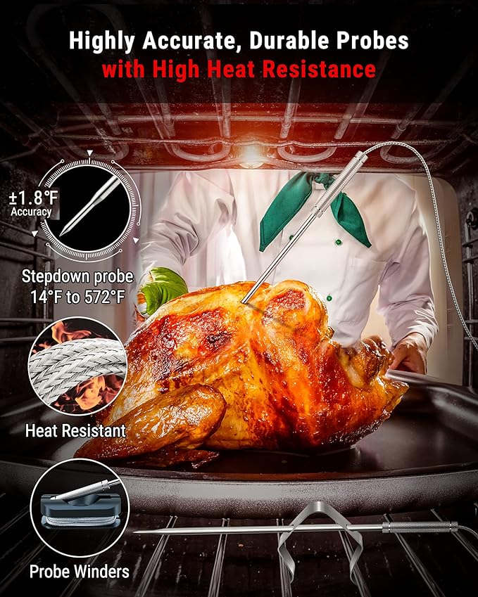 ThermoPro TP826 500FT Wireless Meat Thermometer, Dual Meat Probe Cooking Thermometer with HI/Low Alert, Food Grill Temperautre probe, Outdoor Fryer Accessories for BBQ, Smoker, Oven, Grilling Gift