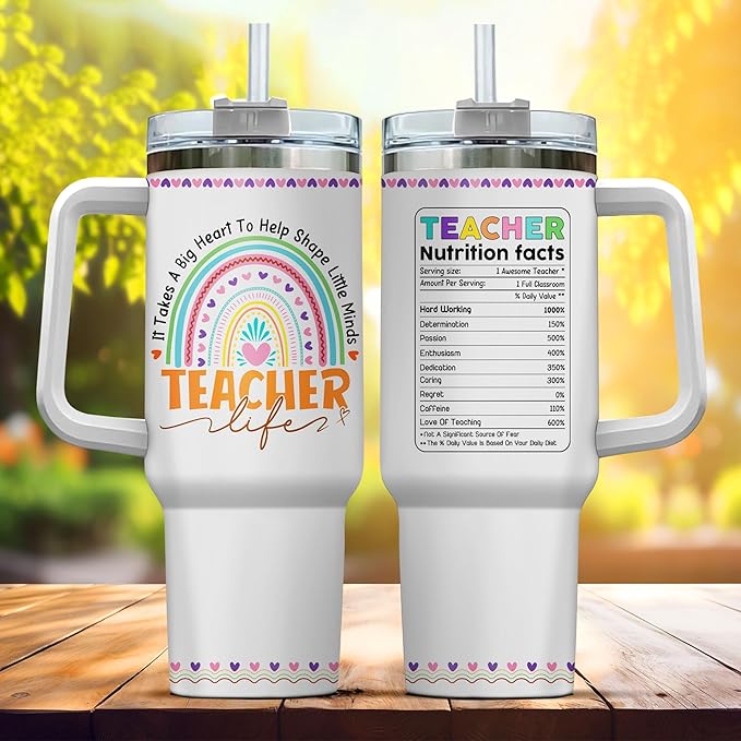 Tumblers Cups Coffee Water Life For Insulated Gift Women Handle Straws Heart, Teacher Gifts, Tumbler 40 Oz With Handle Lid And Straw, Teacher Rainbow Nutrition Facts