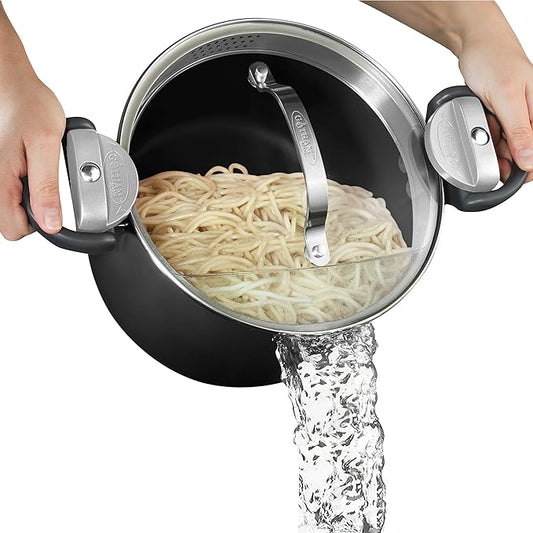 GOTHAM STEEL 5 Qt Ceramic Stock Pot Multipurpose Pasta Pot with Strainer Lid & Twist and Lock Handles, Perfect for Soup, Spaghetti, Rice, Dishwasher Safe - BLACK