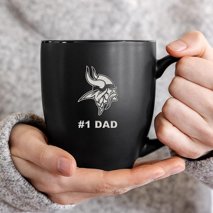 Rico Industries NFL Football #1 Dad 15oz Laser Engraved Matte Black Ceramic Bistro Mug - for Hot or Cold Drinks