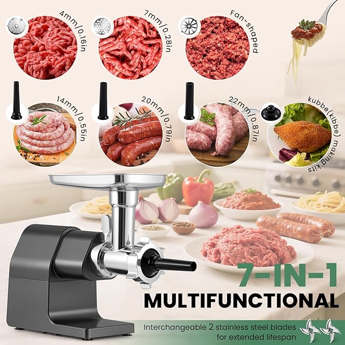 Huanyu Meat Grinder Electric 2000W Max Power Heavy Duty with Touchscreen, 2 Blades, 3 Plates, Sausage Tubes and Kubbe Kit #10 Outlet for Home Use