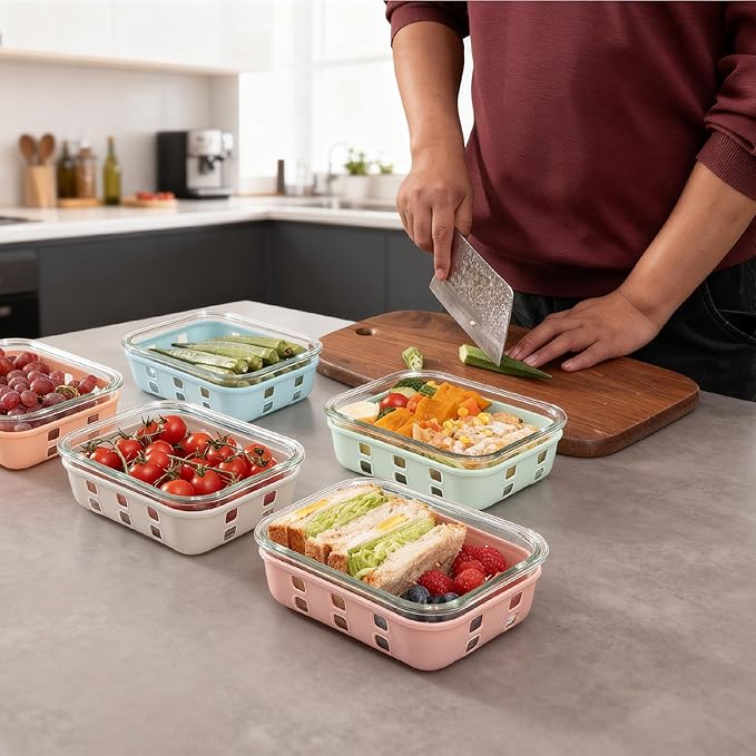 4.4 Cup Glass Food Storage Containers 5-Pack, Airtight Meal Prep Containers with Tempered Glass Lids & Non-Slip Sleeve, Leakproof, BPA-Free, Stackable, for Microwave, Dishwasher, Freezer