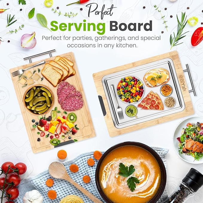 Premium 304 Stainless Steel Metal Cutting Board for Kitchen – 2 in 1 Bamboo and Steel Chopping Board for Kitchen with Juice Groove for Cutting Meat, Vegetables and Fruits - Easy Clean - 17.1”x12”