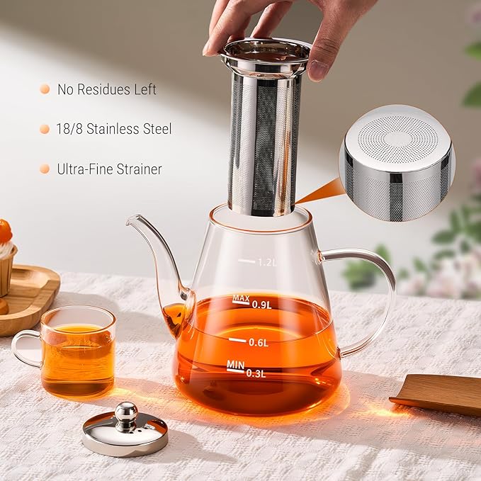 PARACITY Glass Teapot Stovetop 41 OZ/1200ml, Tea pot with Removable Stainless Steel Infuser, Borosilicate Clear Tea Kettle with Scale, Teapot Blooming and Loose Leaf Tea Maker Tea Brewer for Camping