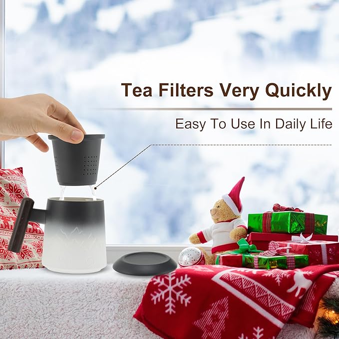 Tea Cup with Infuser, 13.5oz Ceramic Tea Infuser Mug with Wood Handle and Cup Lid, Tea Strainer Cup for Loose Leaf Steeping, Black&White