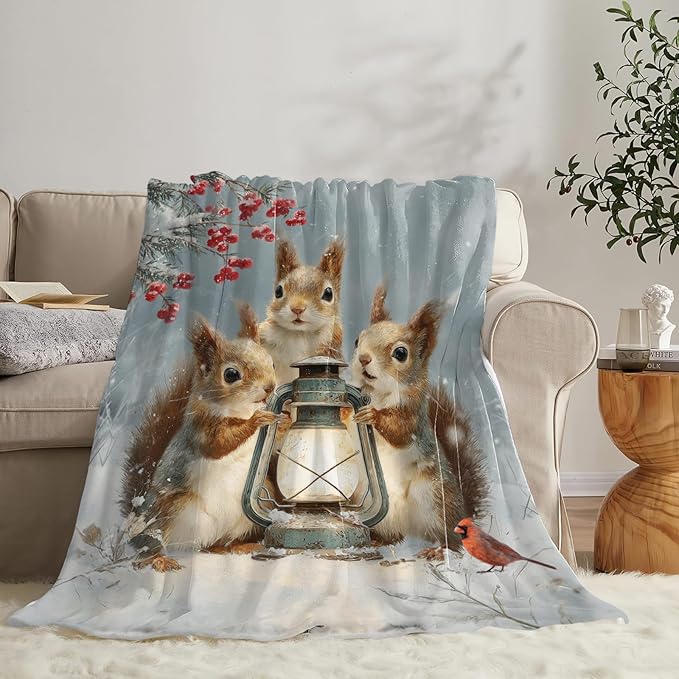Squirrel Blanket Gifts for Girls Boys Christmas Winter Throw Blankets Cozy Plush Fleece Flannel Fuzzy for Women Men Decor 80"X60"
