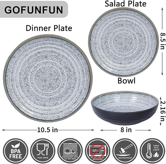 Melamine Dinnerware Sets 12 PCS - Service for 4 Plates & Bowls Sets Dishwasher Top-Shelf Safe, BPA Free Dinner Dishes Set for Everyday Use-Granite Pattern Black Back