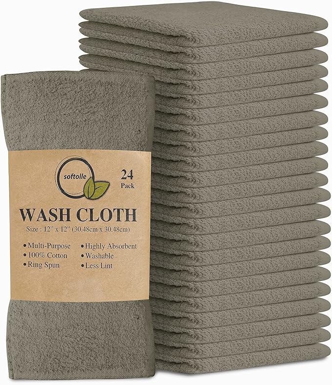 Softolle 100% Cotton Washcloths 24 Pack (12x12 Inches) Soft, Highly Absorbent Washcloth, Face Towels, Wash Cloths for Face, Ring Spun, Bulk Pack (Taupe)