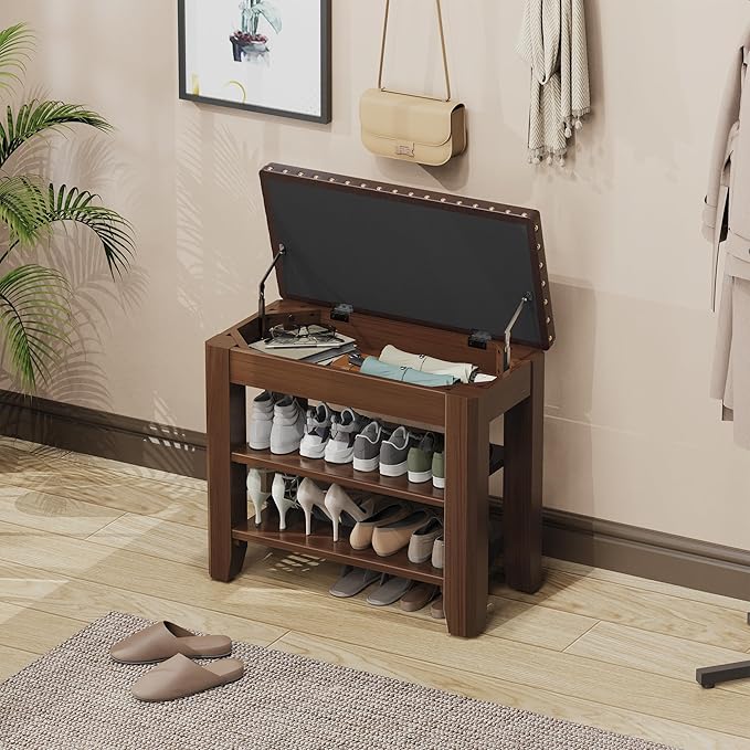 Shoe Bench for Entryway, Solid Rubberwood Shoe Bench with Hidden Storage, Adjustable 2-Tier Shelves & Soft PU Leather Seat, Shoe Rack Durable Easy Assembly for Hallway or Bedroom - Brown, 23.6"