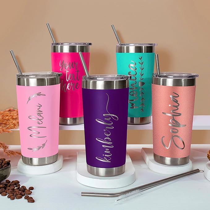 Personalized Tumblers, Stainless Steel 20 oz Tumbler w/Lid |13 Different Designs| Personalized Cups Double Walled Insulated Coffee Cup for Travel - Soft Pink