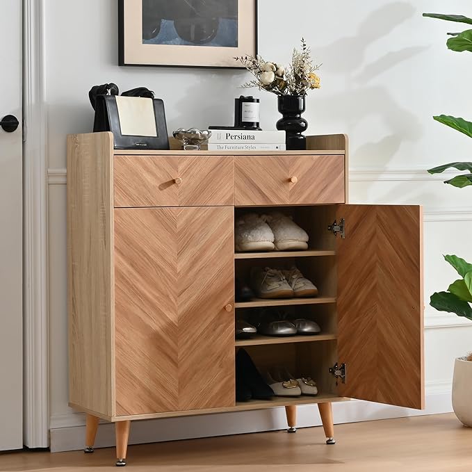 Shoe Storage Cabinet with 2 Doors, 20 Pairs Shoes Cabinet for Entryway with Adjustable Shelves and 2 Drawer, 31.5'' Wide Shoe Rack Shoe Organizer Cabinet for Entryway Living Room (Naturel)