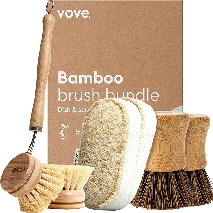 Vove Cleaning Essentials Set – Bamboo Dish Brush with Replacement Head, 2 Scrub Brushes, 2 Scrub Sponges – FSC Certified, Plastic-Free, Natural Bristles & Loofah – Eco-Friendly Kitchen Cleaning Kit