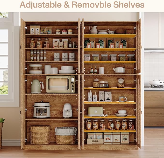 Tribesigns 70.86" Tall Kitchen Pantry Cabinet, Farmhouse Storage Cabinet with 4 Slatted Doors and 9 Storage Shelves, Rustic Wooden Cupboard for Kitchen, Dining Room, Living Room, Brown