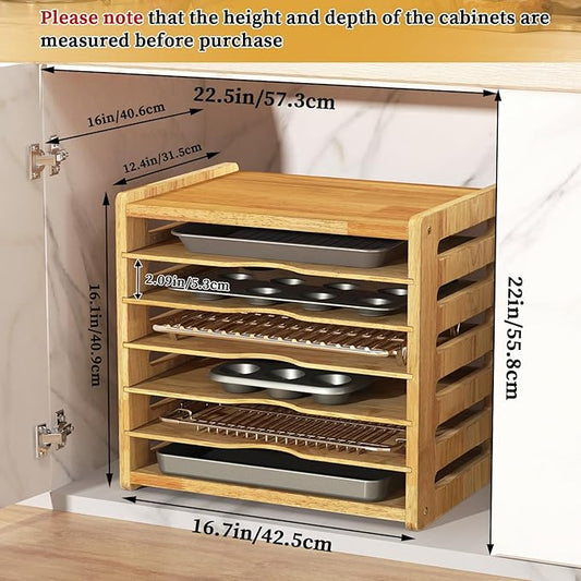 7 Tier Rubber Wood Tray Dividers for Cabinets, Heavy Weight Kitchen Vertical Tray Divider Organizer, Storing pans, Baking trays, Cutting Board(16.7" W x 16.1" H x 12.4" D)