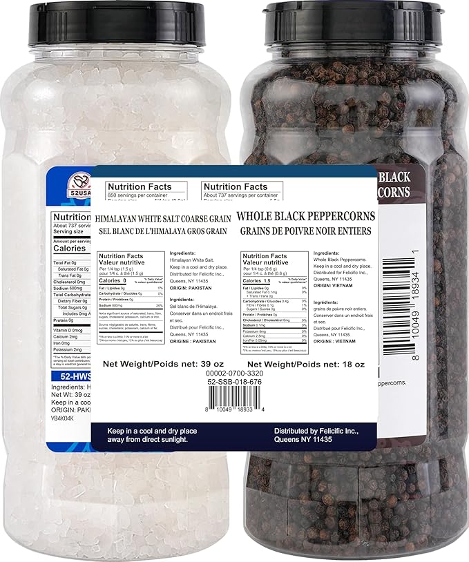 52USA Himalayan White Salt (Coarse Grain) 39 oz + Whole Black Peppercorns 18 oz, Salt and Pepper Grinder, Black Peppercorn Refil, Sea Salt for Grinder Refill
