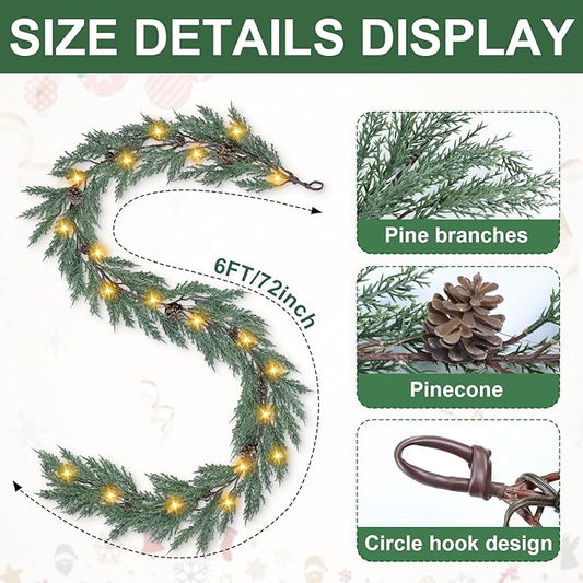 Artgar Christmas Cedar Garland, 6 Ft Realistic Pine Garland, Prelit Christmas Garland with 30 Warm Lights with 8 Light Modes for Mantels Stair Table Indoor Outdoor Winter Xmas Decor (White-Green)