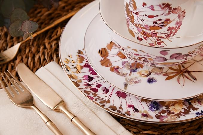 Purple Plates and Bowls Sets Dishes Set for 4, Ceramic Plates and Bowls Set, Service for 4, Bone China Dinnerware Set Salad Dessert Plates, and Cereal Bowls Set, Microwave safe by KOKEN