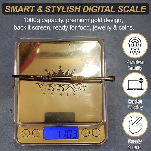 Street Kingz Gold Digital Jewelry Scale - High Precision 1000g Capacity Portable Food Scale with Multi- Unit Conversion & Piece Counting - Mini Scale Includes 2 Weighing Bowls