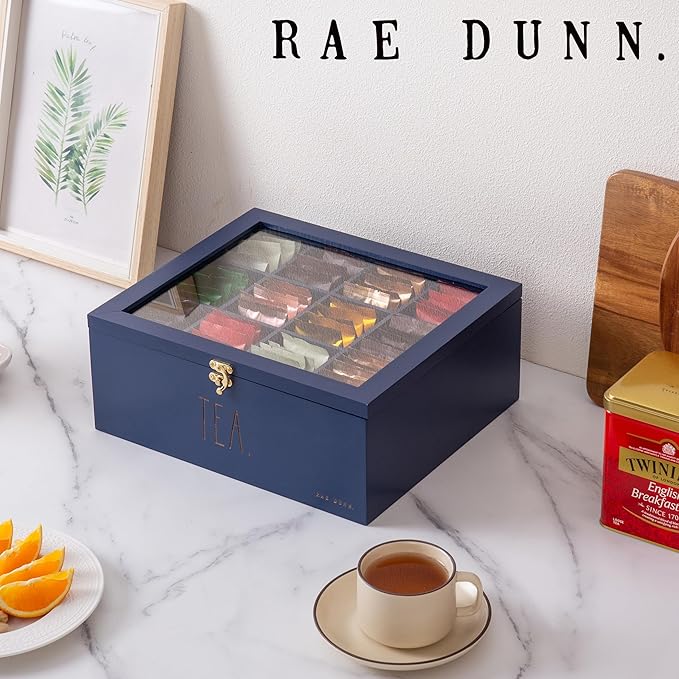 Rae Dunn Tea Bag Organizer - Tea Box Divided Storage Container Box with Hinge Lid for Kitchen Cabinet, Countertop, Pantry, Hold Coffee Pods, Seasoning Packets, Condiments, Blue