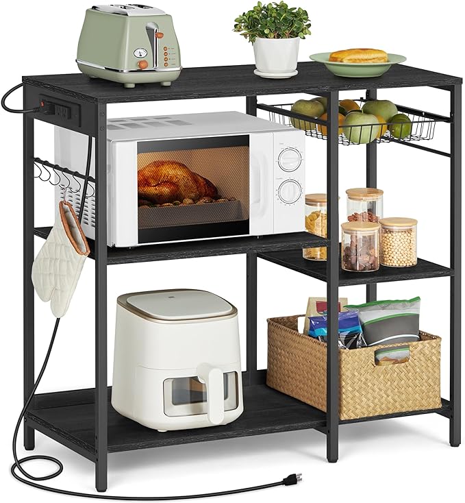 VASAGLE Baker's Rack, Coffee Bar Stand with Charging Station, 35.6 Inches Tall, Storage Shelves, Pull-Out Wire Basket, Table for Microwave, Kitchen, Charcoal Gray and Ink Black UKKS036B22