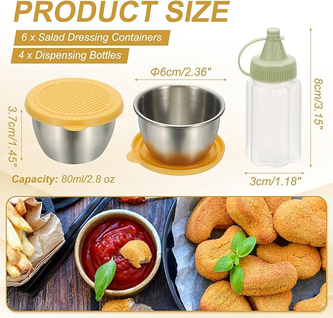 uxcell 1 Set 2.8oz Stainless Steel Salad Dressing Containers with Silicone Lids, Reusable Dipping Sauces Cups, Leakproof Condiment Containers for Picnic Travel Kitchen, Yellow