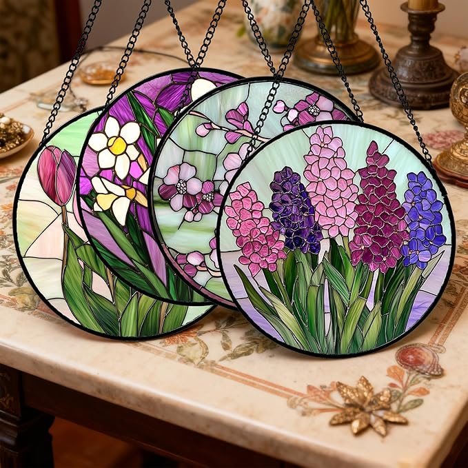 Stained Glass Window Hanging 4 Pcs Set Tulips Plum Flower Daffodils Hyacinths Large 15" - Suncatcher Door Garden Sun Catcher Decor Birthday Mother's Day for Mom Woman Nana