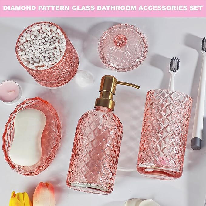 Pink Bathroom Accessories Set, 4Pcs Clear Glass Bathroom Sets Accessories, Lotion Soap Dispenser, Toothbrush Holder Set, Soap Dish, Qtip Holder for Vintage Christmas Bath Decor, Gift Set