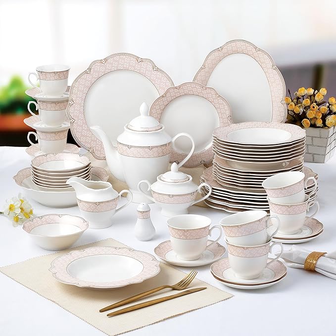 Joseph Sedgh Collection "Sandra" 57-Piece Bone China Dinnerware Set, Service for 8, Blush Pink and Gold