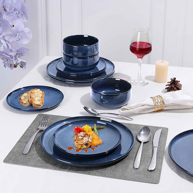 Herogo 24 Pieces Stoneware Dinnerware Sets Service for 8, Dinner Plates and Bowls Sets, Double Reactive Glaze Dishes Set for Kitchen, Scratch Resistant, Microwave & Dishwasher Safe, Starry Blue