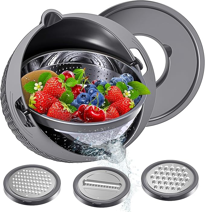 4-1 Colander with Bowl Set - Colander for Kitchen - Strainers and Colanders - Pasta Strainer - Funny Presents for Women - Fruit Cleaner Veggie Wash Kitchen Essentials, Grey