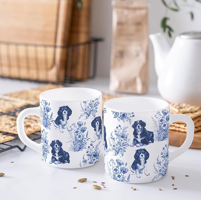 Cavalier King Charles Spaniel with Bernise Mountain Dog Blue French Toile Coffee Mug, Cavalier & Bernise Lover Gifts for Women, Blue Toile Coffee Cup, Birthday Gifts for Dogs Mom, Dog Dad, 15 oz