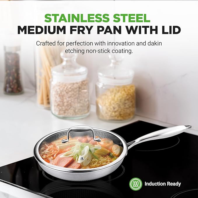 NutriChef 10" Stainless Steel Frying Pan - Triply Kitchenware Stir Fry Pan Kitchen Cookware w/DAKIN Etching Non-Stick Coating, Scratch-resistant Raised-up Honeycomb Fire Textured Pattern NC3PL10