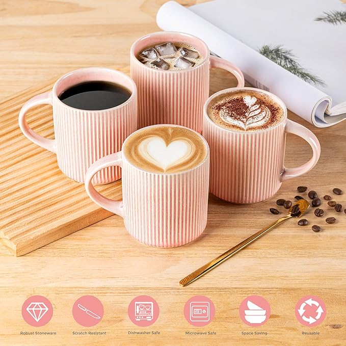 GBHOME 12oz Stoneware Coffee Mugs, Ceramic Coffee Cups with Handle for Man,Woman,Dad,Mom, Modern Coffee Mugs Set of 6 for Latte/Cappuccino/Cocoa/Tea/Cocoa/Milk. Dishwasher&Microwave Safe,Pink