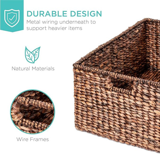 Best Choice Products Set Of 3 Large Multipurpose Hyacinth Storage Baskets, Handwoven Rectangular Organizer Totes for Bedroom, Living Room w/Insert Handles, Removable Lid - 21", 20", 18"