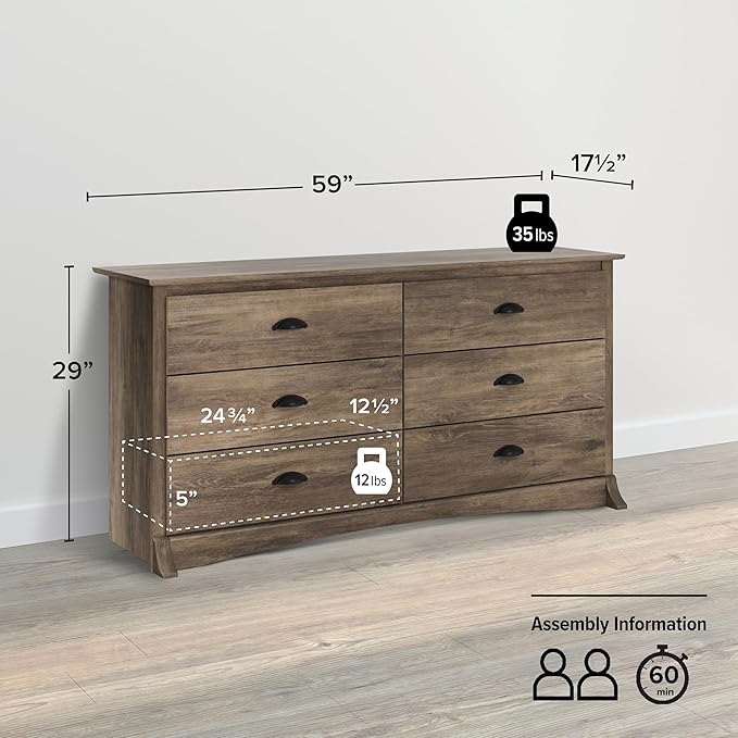 Prepac Sonoma 6-Drawer Double Dresser for Bedroom, Wide Chest of Drawers, Traditional Bedroom Furniture, 59" wide x 17.5" deep x 29" tall, Drifted Gray