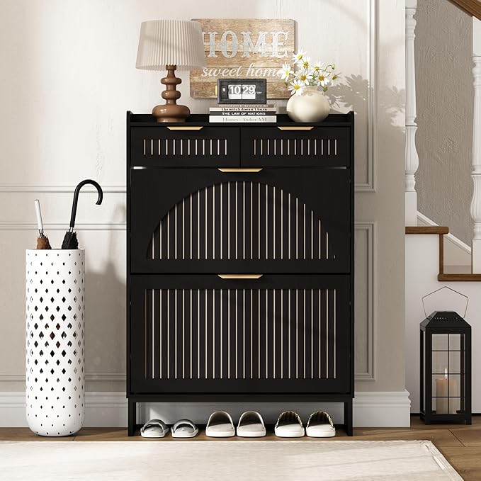 Fluted Shoe Cabinet Storage for Entryway – Narrow Shoe Rack with 2 Flip Drawers & 2 Storage Drawers, Freestanding Hidden Shoe Organizer for Foyer, Hallway (Black)