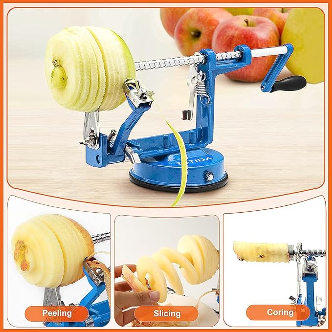 Apple Peeler Corer, Long lasting Chrome Cast Iron Apple Peeler Slicer Corer with Stainless Steel Blades and Powerful Suction Base for Apples and Potato(Blue)